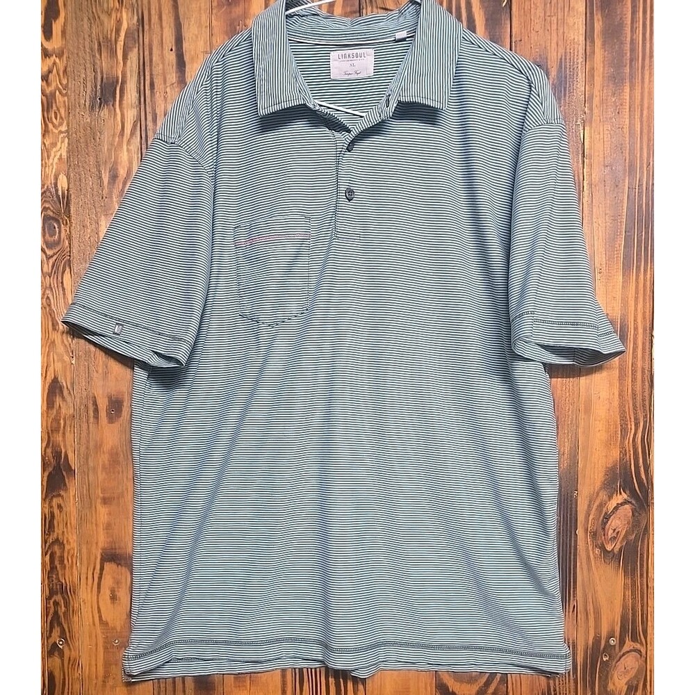 Linksoul Men's Blue Gray Golf Striped  Organic Cotton Button Polo XL